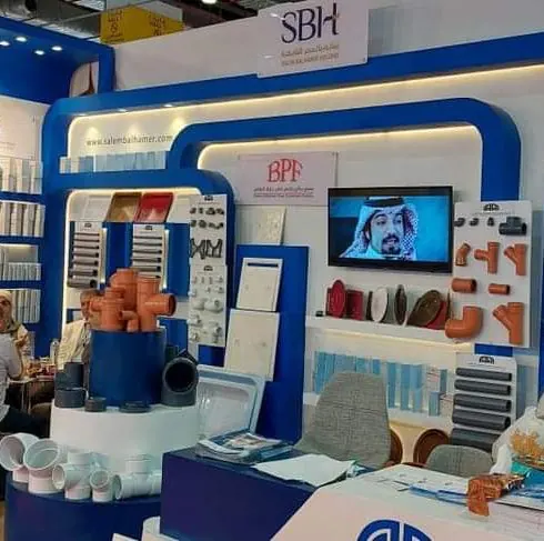 Salam — A stand for a piping-systems supplier, with a broad product display wall.